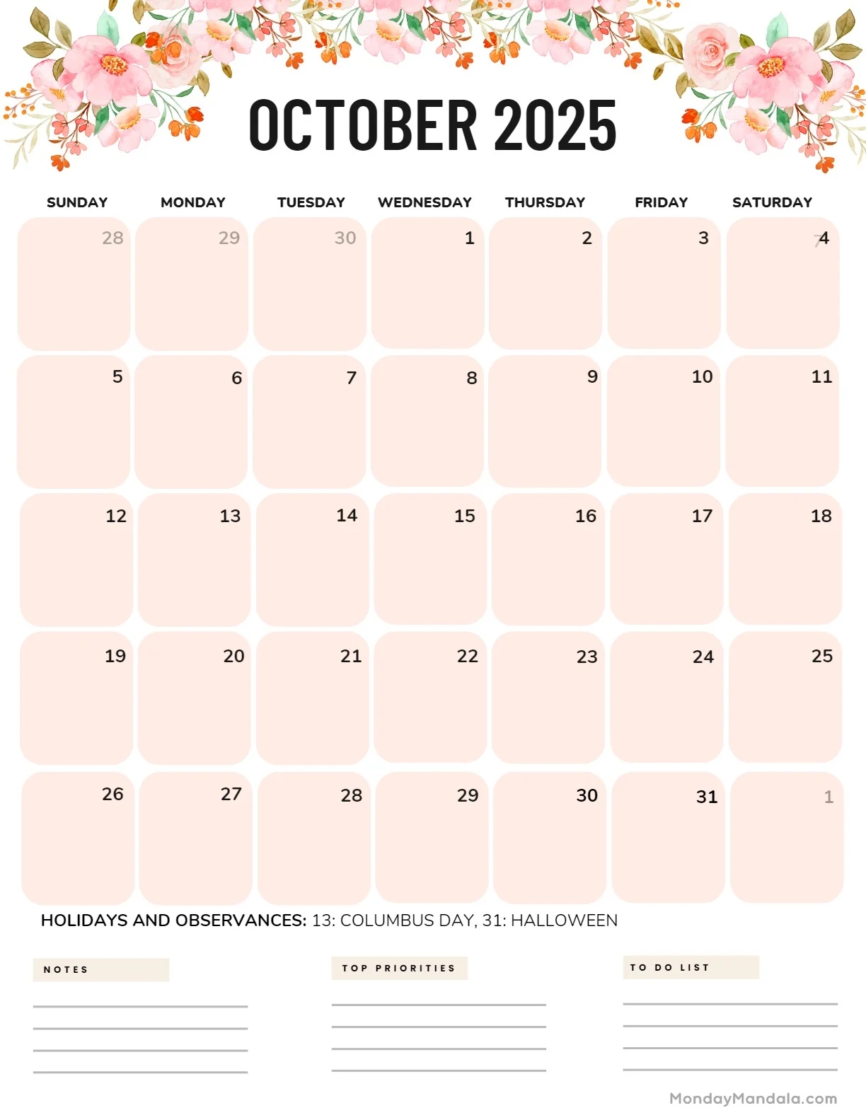 Printable Calendar October 2025 Portrait