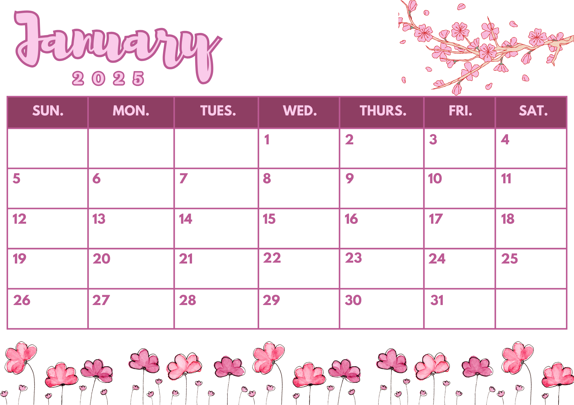 Printable Pink Calendar