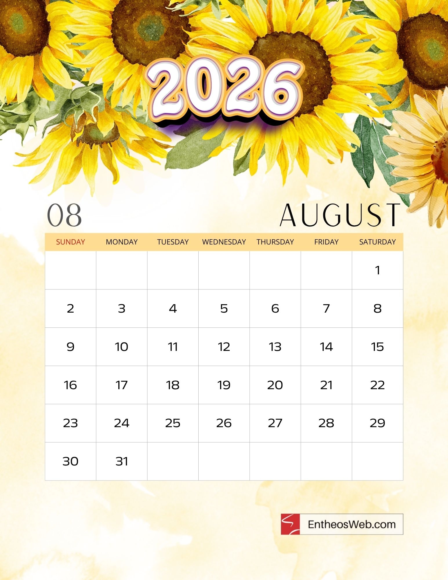 Printable 2026 Calendar Beautiful Watercolor Floral Design EntheosWeb Printable 2026 Calendar Beautiful Watercolor Floral Design EntheosWeb