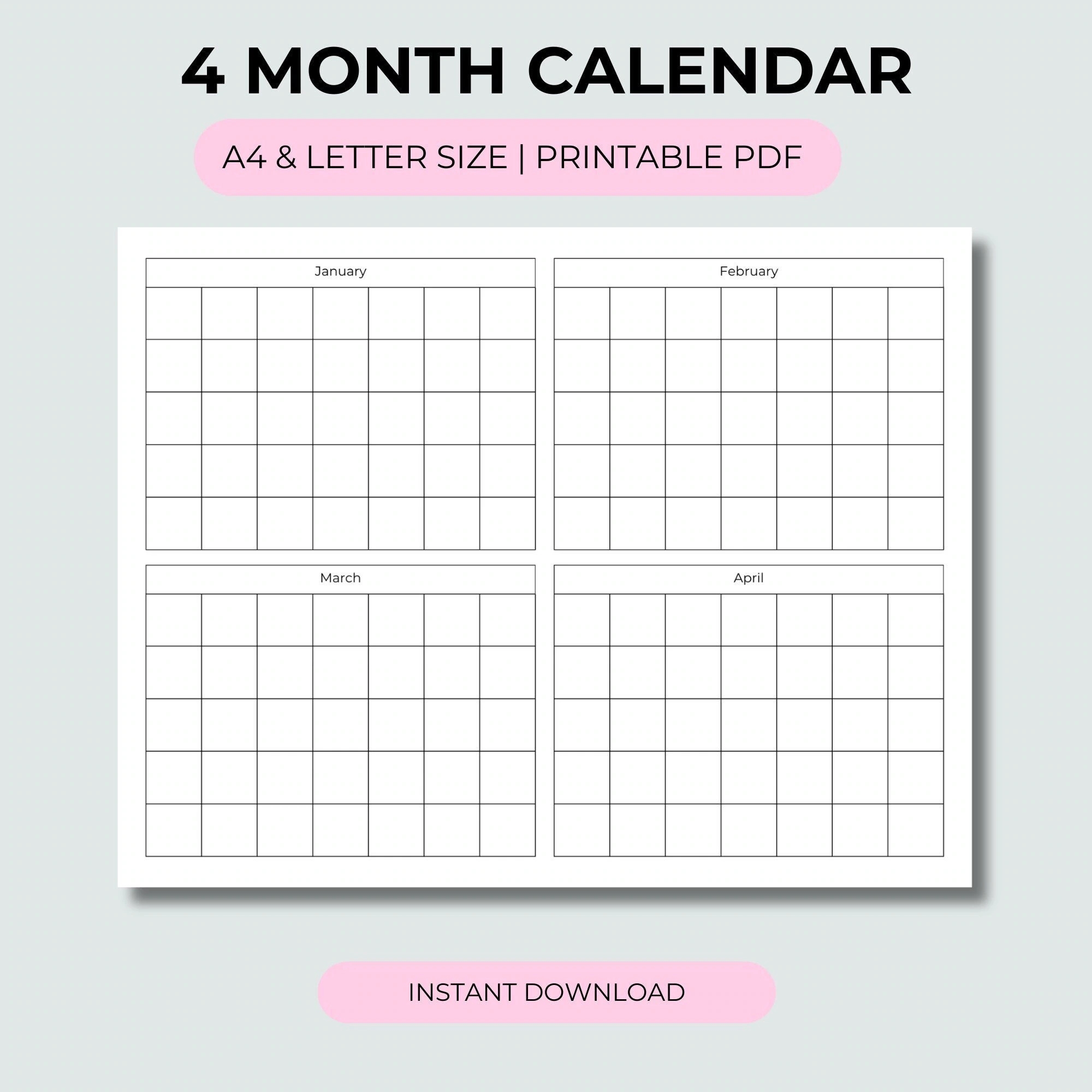 Printable 4 Month Calendar Etsy Printable 4 Month Calendar Etsy