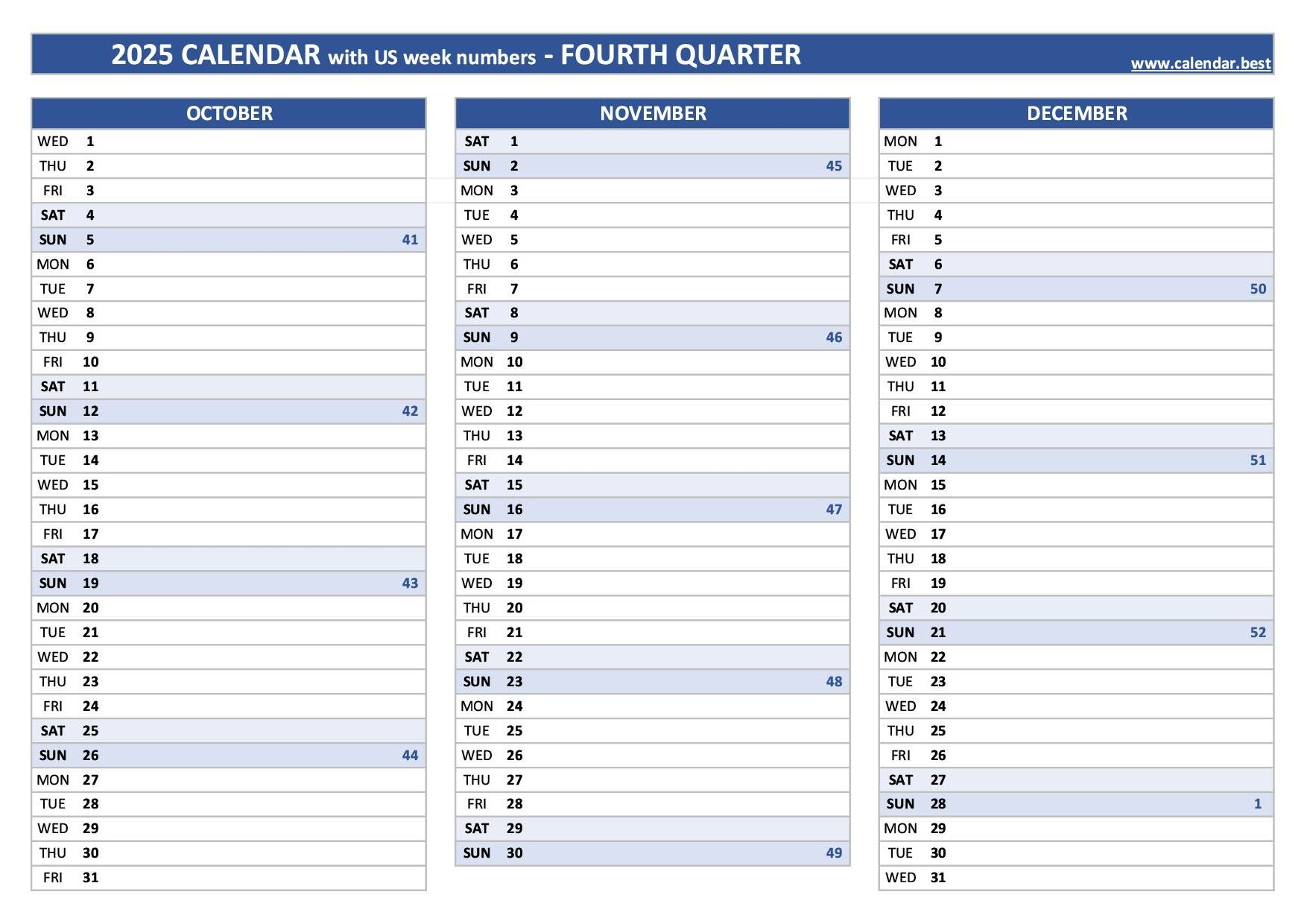 4 Month Calendar Printable Sheet 2025