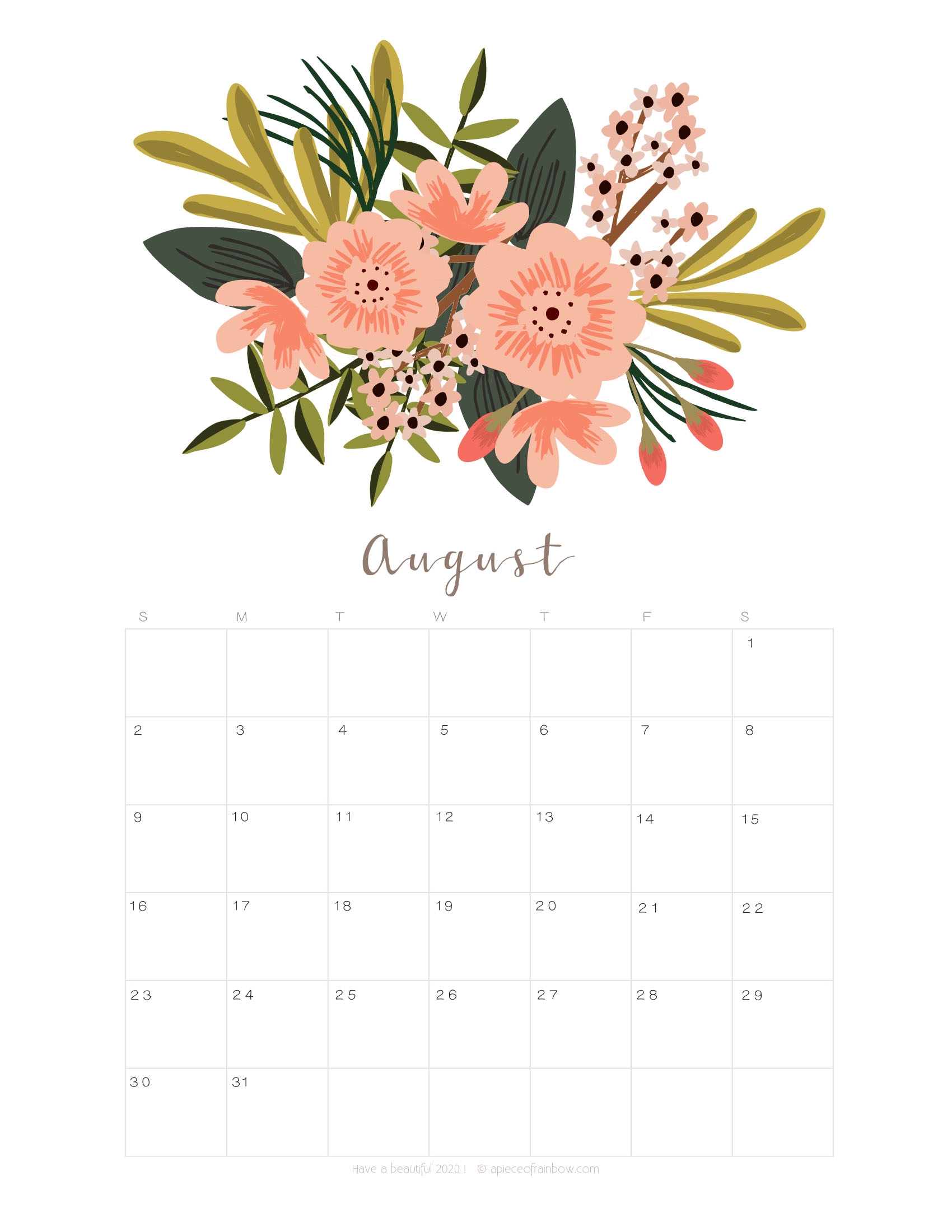Printable August 2020 Calendar Monthly Planner 2 Designs Flowers Modern A Piece Of Rainbow
