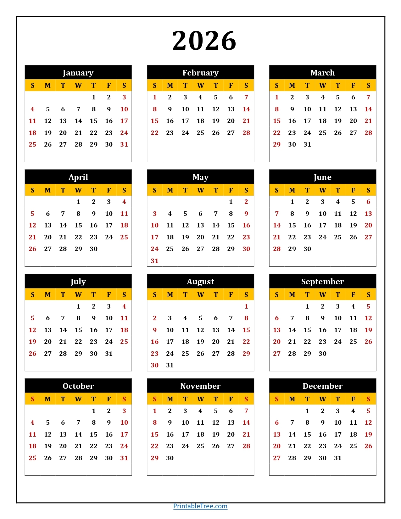 Printable 2026 Calendar