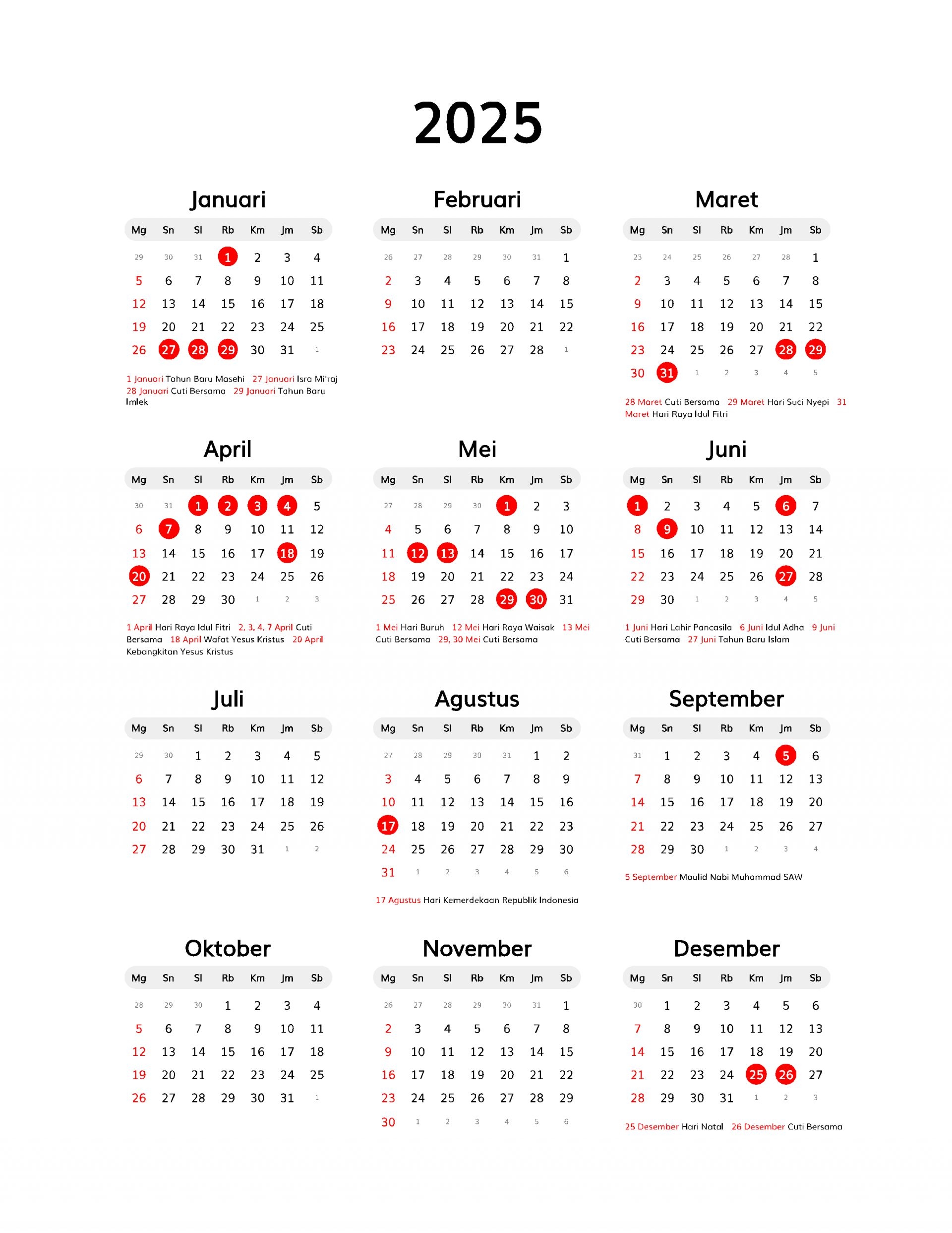 Year Calendar Free Printable