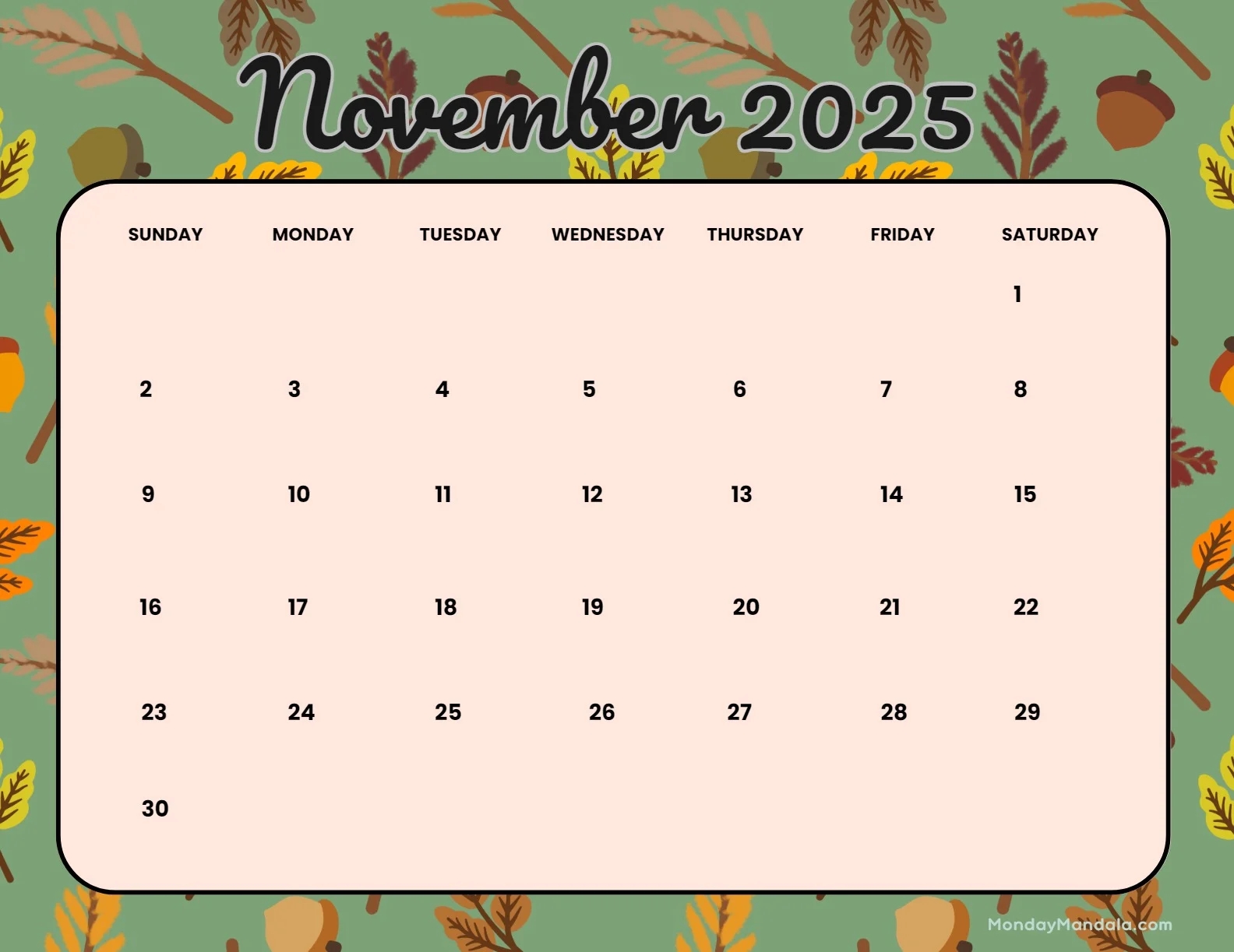 Printable November 2025 Calendar Word Printable November 2025 Calendar Word