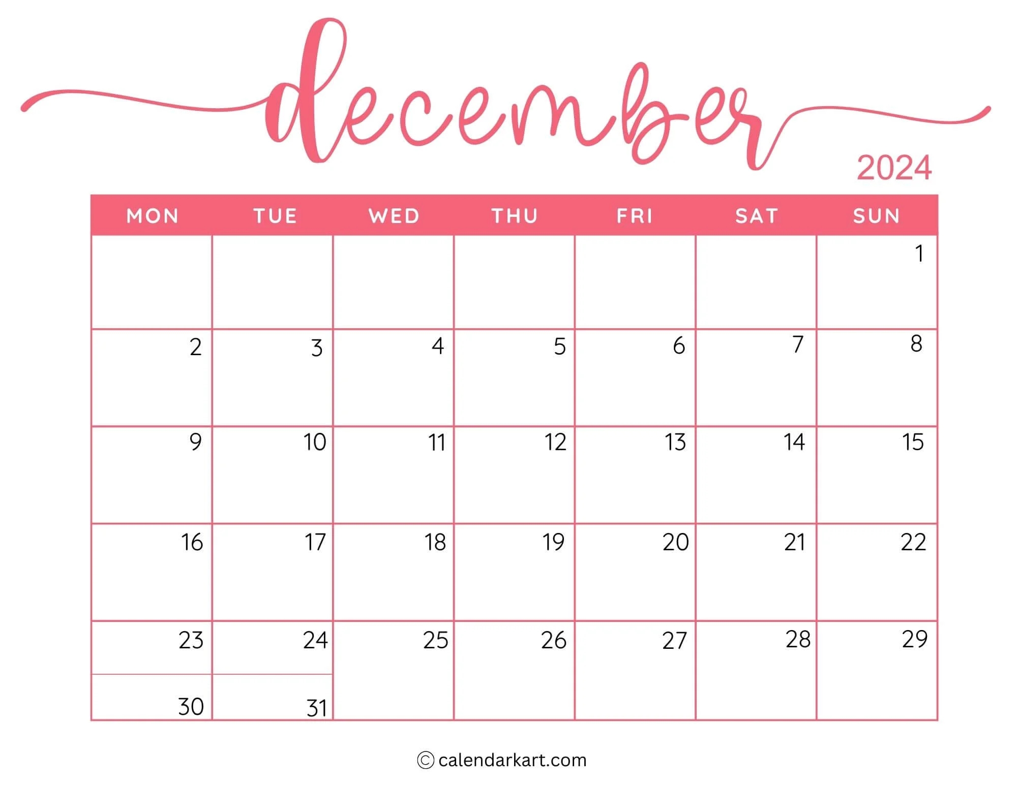 Dec Jan Calendar Printable