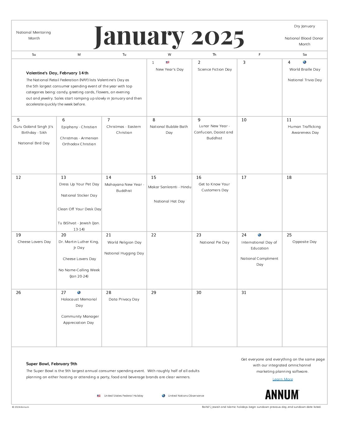 Printable January 2025 Calendar January Holidays Annum