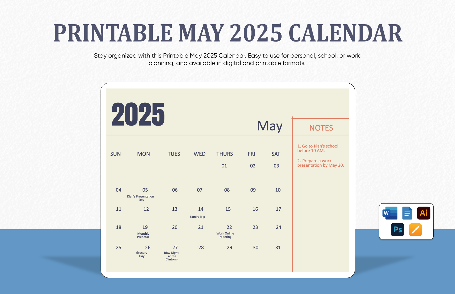 Printable May 2025 Calendar Template In PSD Illustrator Word Apple Pages Google Docs To Download Template