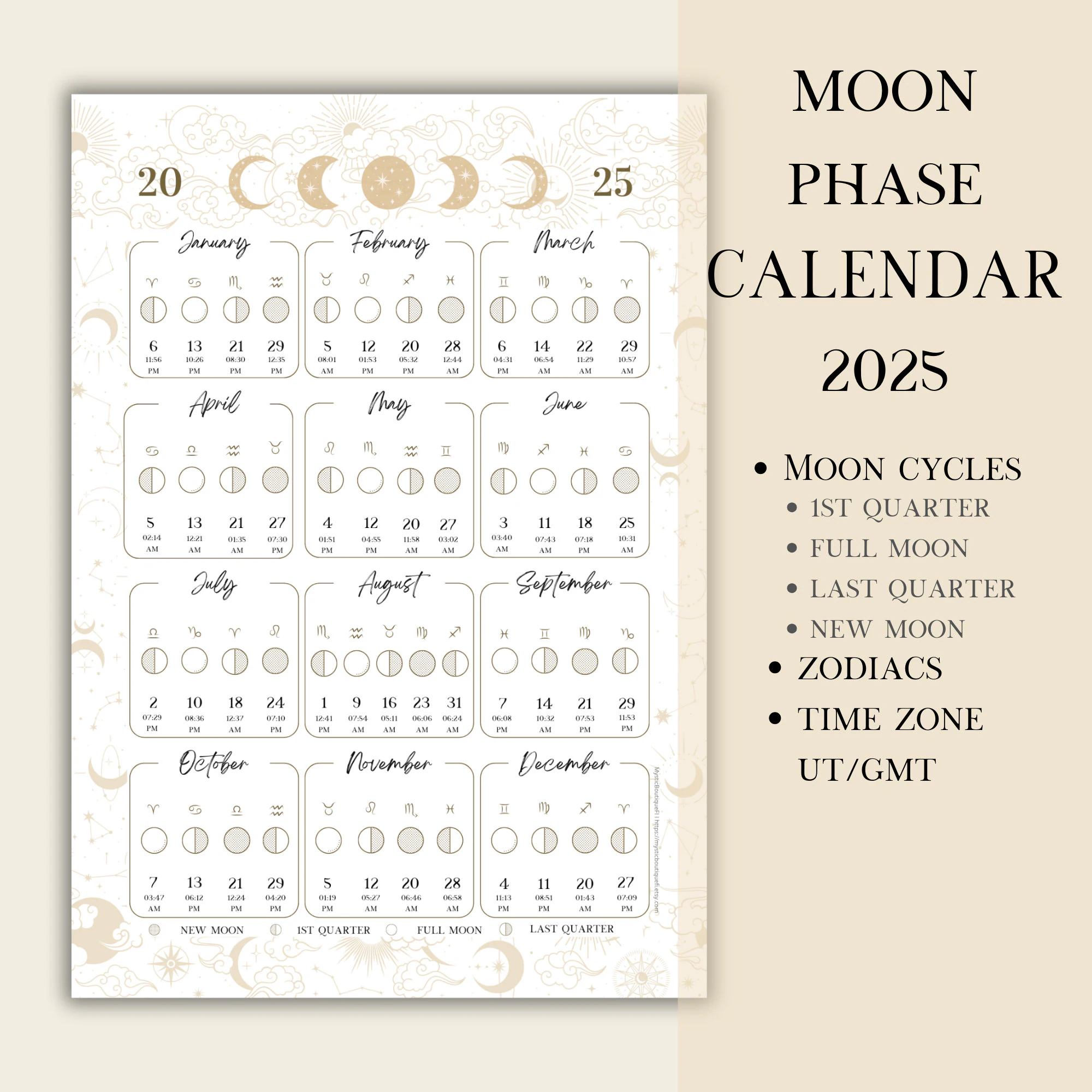 printable pdf lunar calendar moon phase calendar 2025 etsy