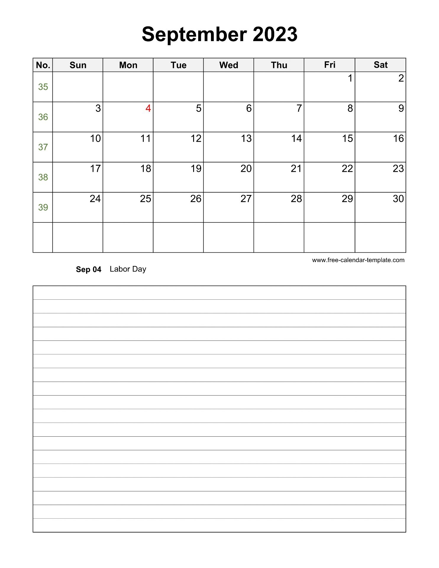 Printable September 2023 Calendar With Space For Appointments vertical Free calendar template