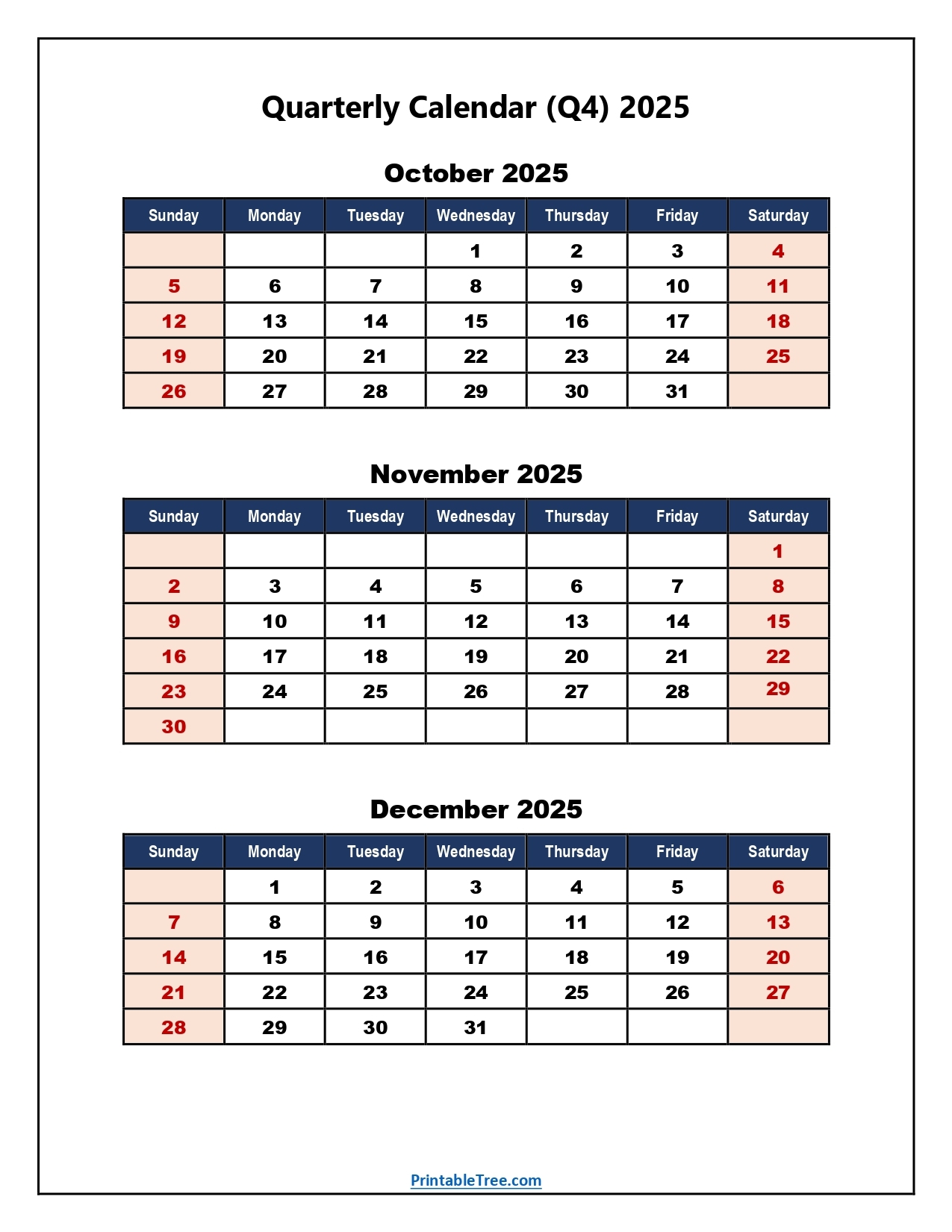 Q4 Quarterly Calendar 2025 Printable PDF Templates