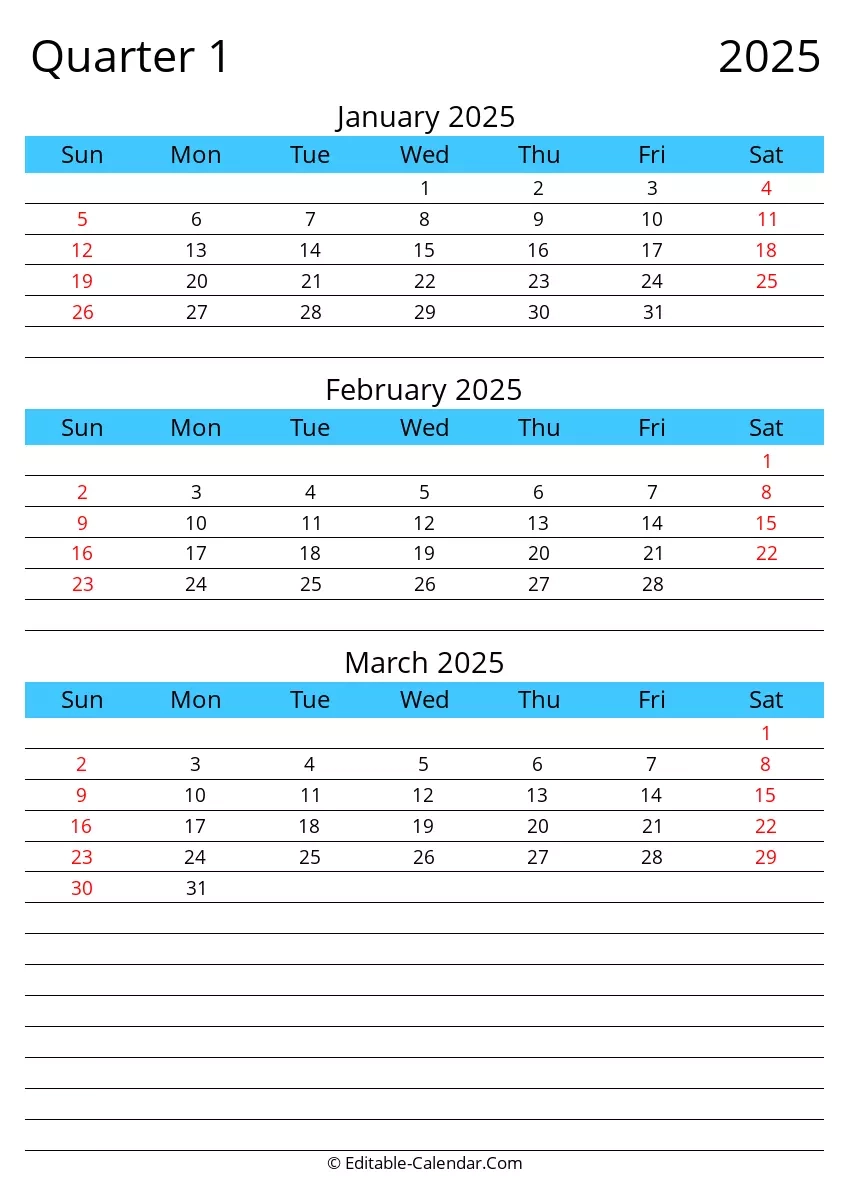 Quarter 1 Of 2025 Editable Calendar In Excel Word PDF