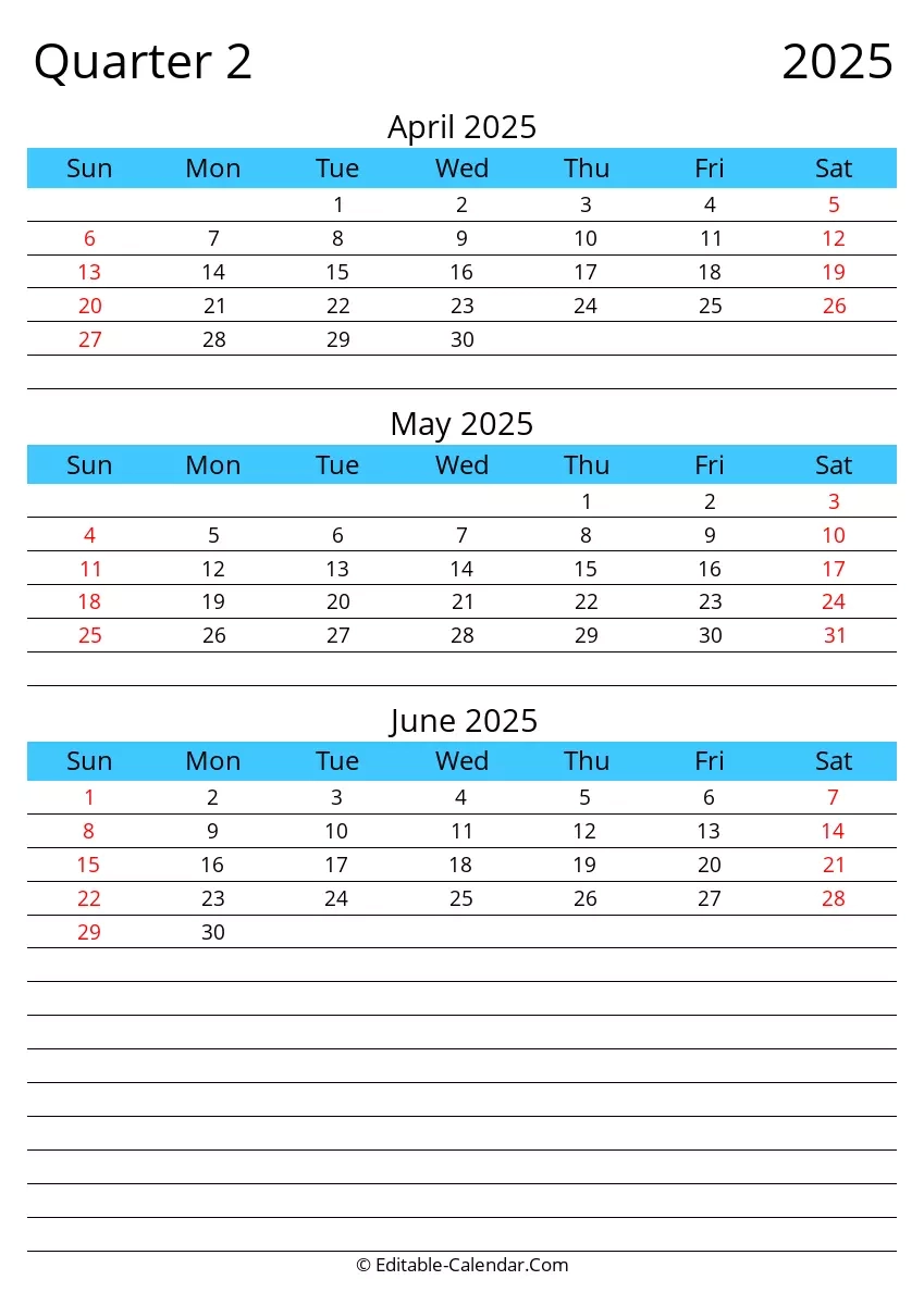 Quarter 2 Of 2025 Editable Calendar In Excel Word PDF