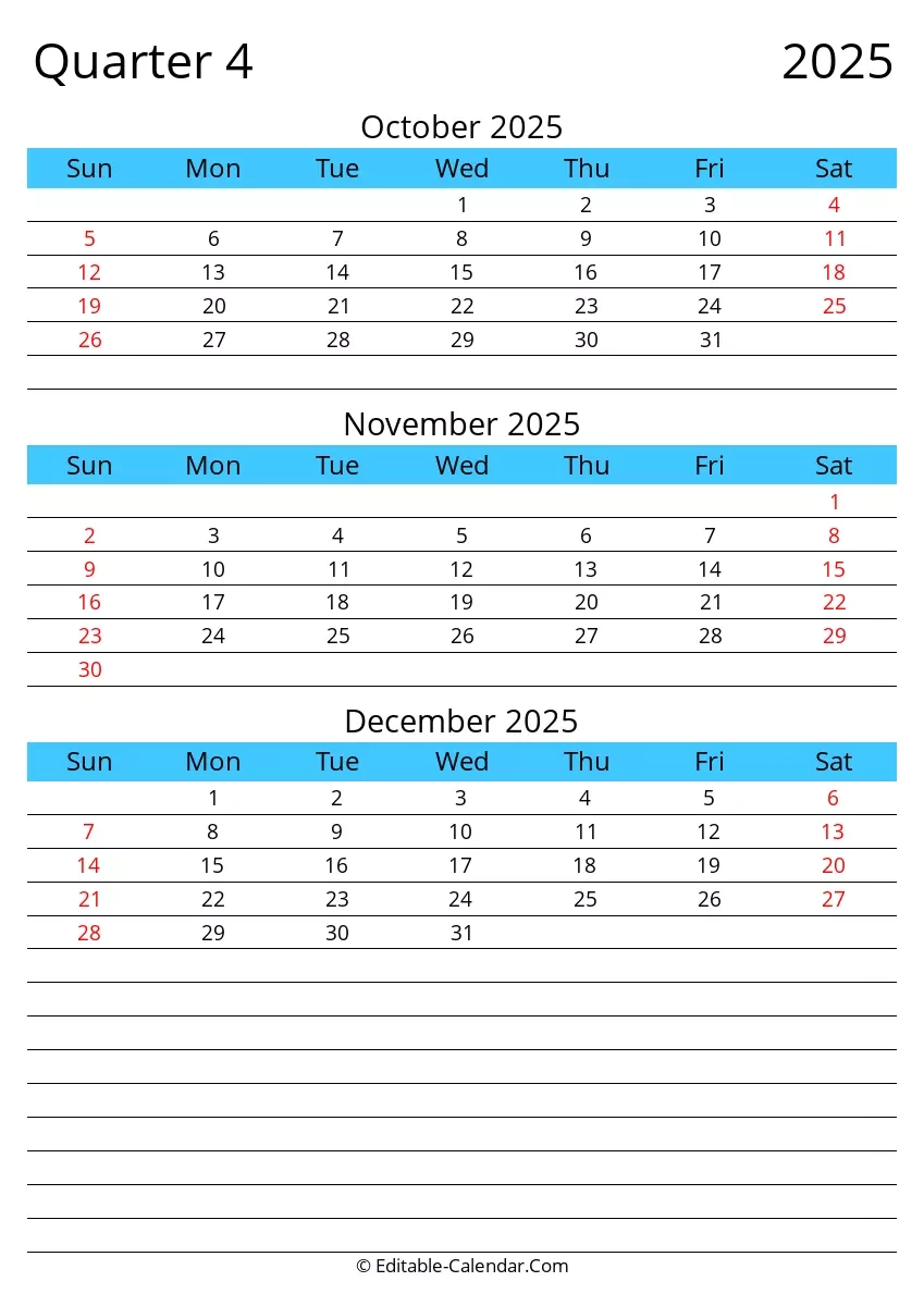 Quarter 4 Of 2025 Editable Calendar In Excel Word PDF