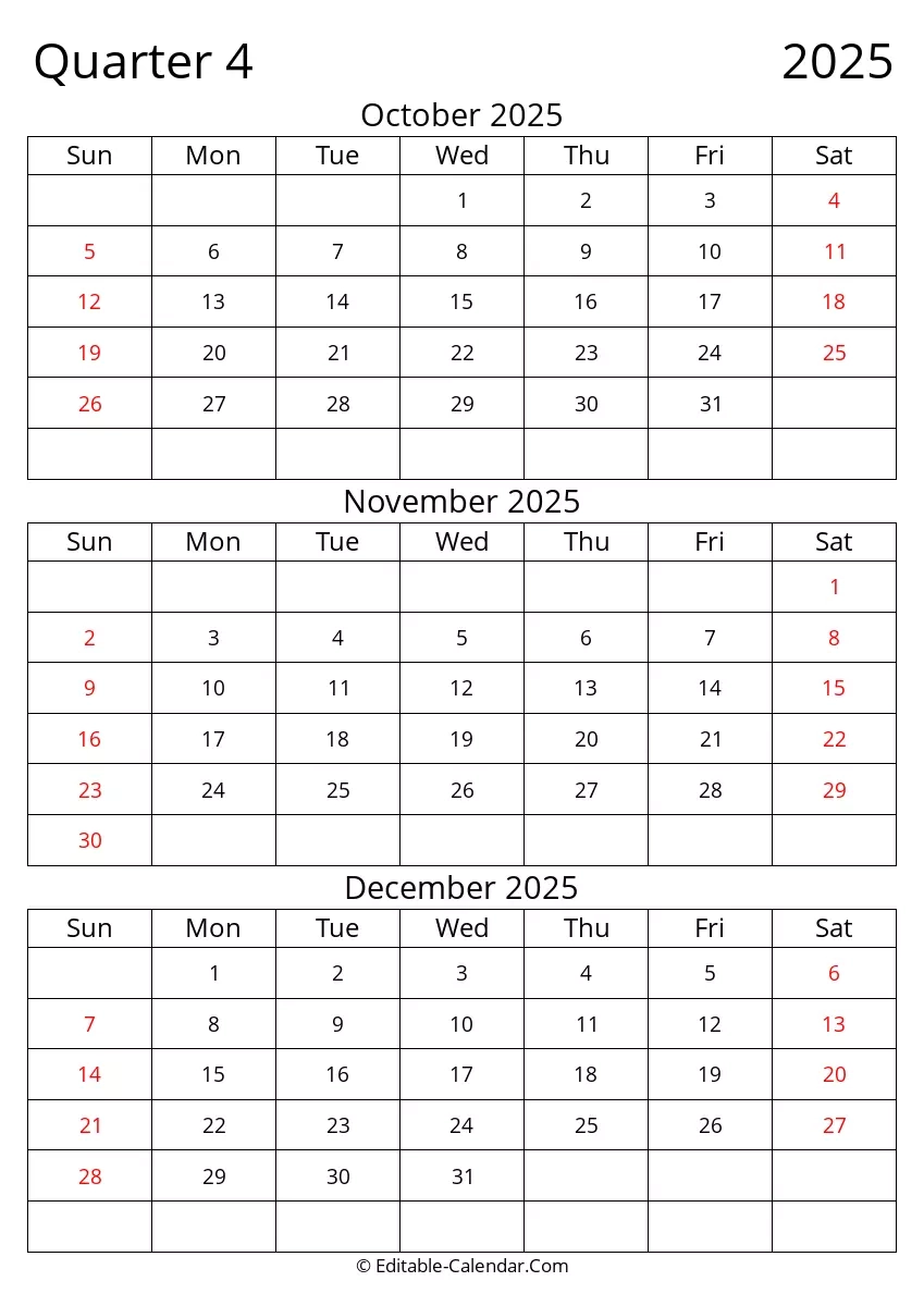 Quarter 4 Of 2025 Editable Calendar In Excel Word PDF