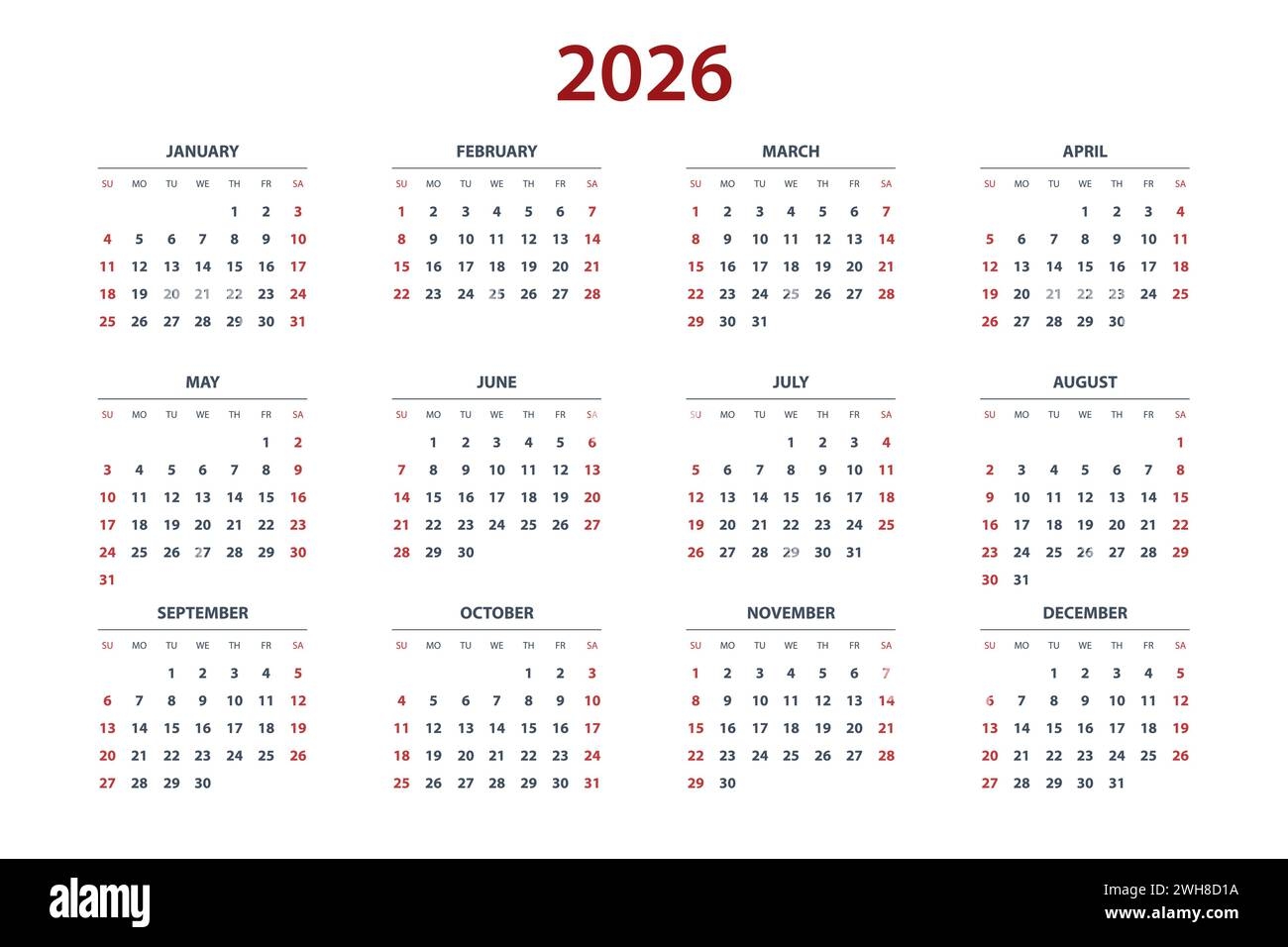 Quarter Calendar Template For 2026 Year Wall Calendar Grid In A Minimalist Style Week Starts On Sunday Stock Vector Image Art Alamy