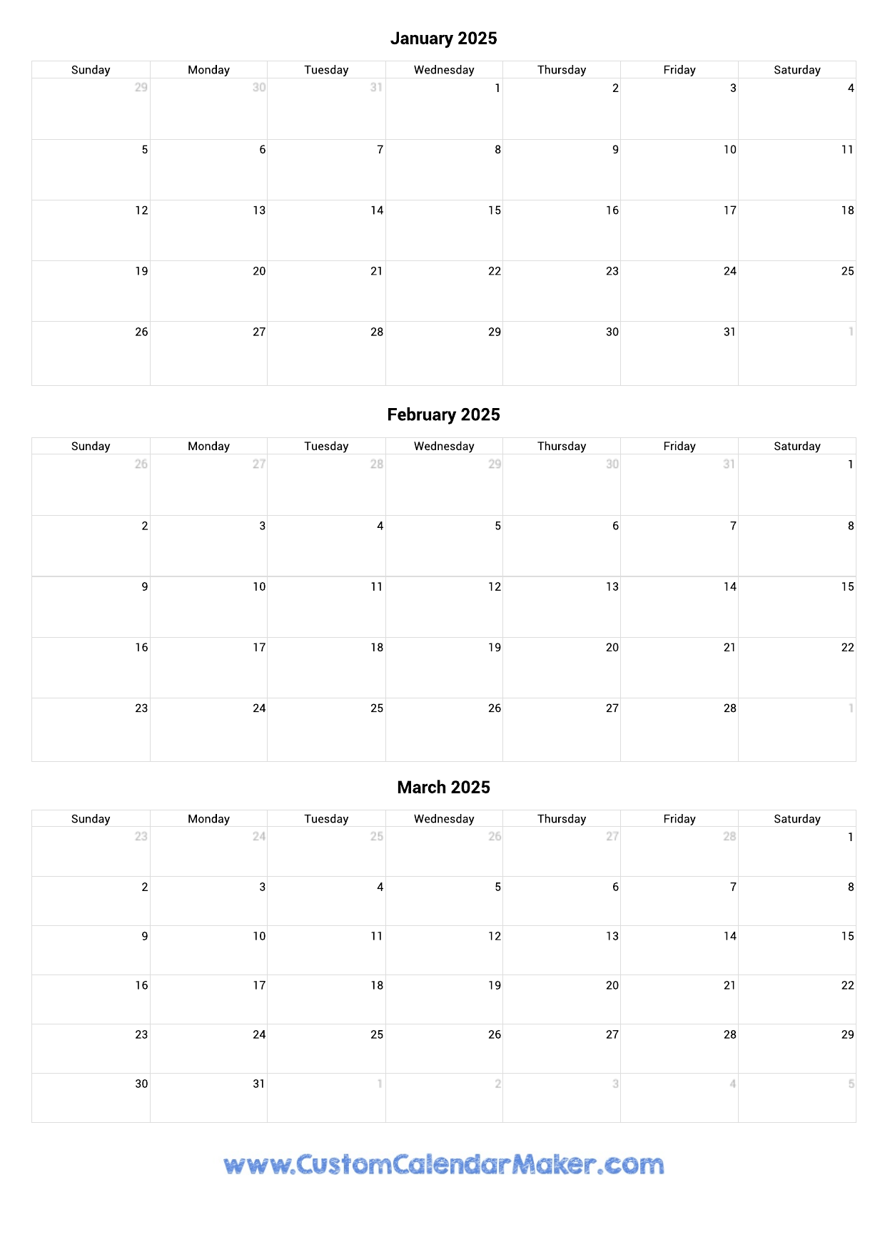 Printable Calendar 2025 First Quarter