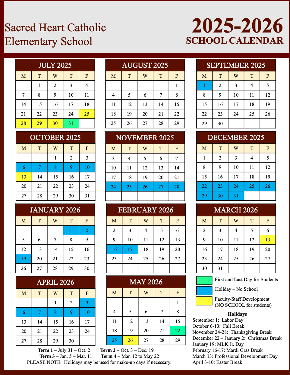 25-26 School Calendar Printable