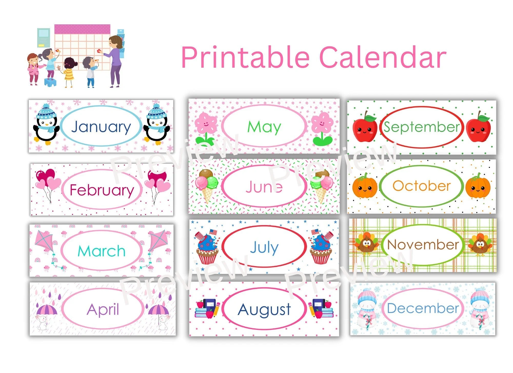 Seasonal Classroom Calendar Set Monthly Themed Printable Resizable Calendar Headers And Numbers 1 31 School Calendar Etsy