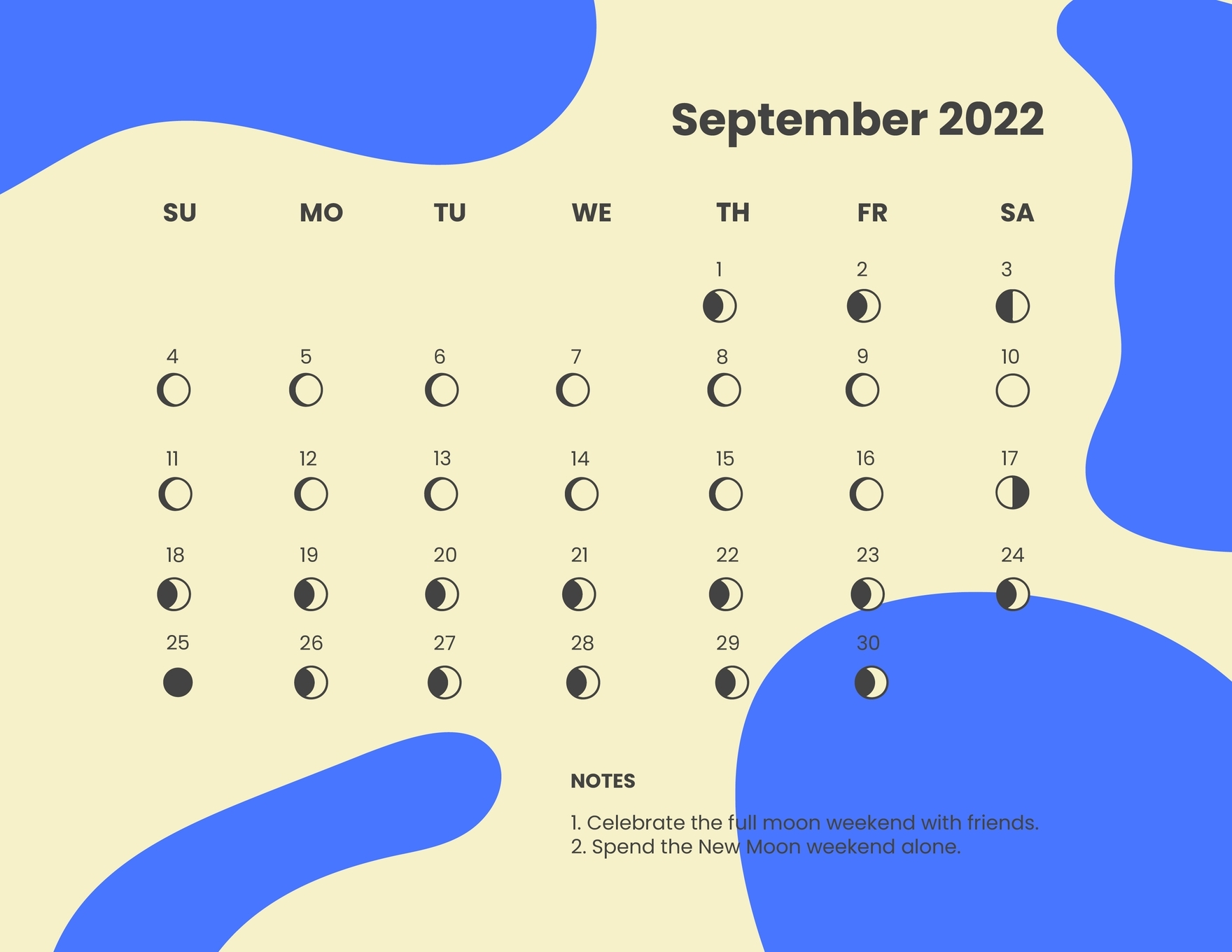 September 2022 Calendar Template With Moon Phases In PSD Illustrator Word Download Template