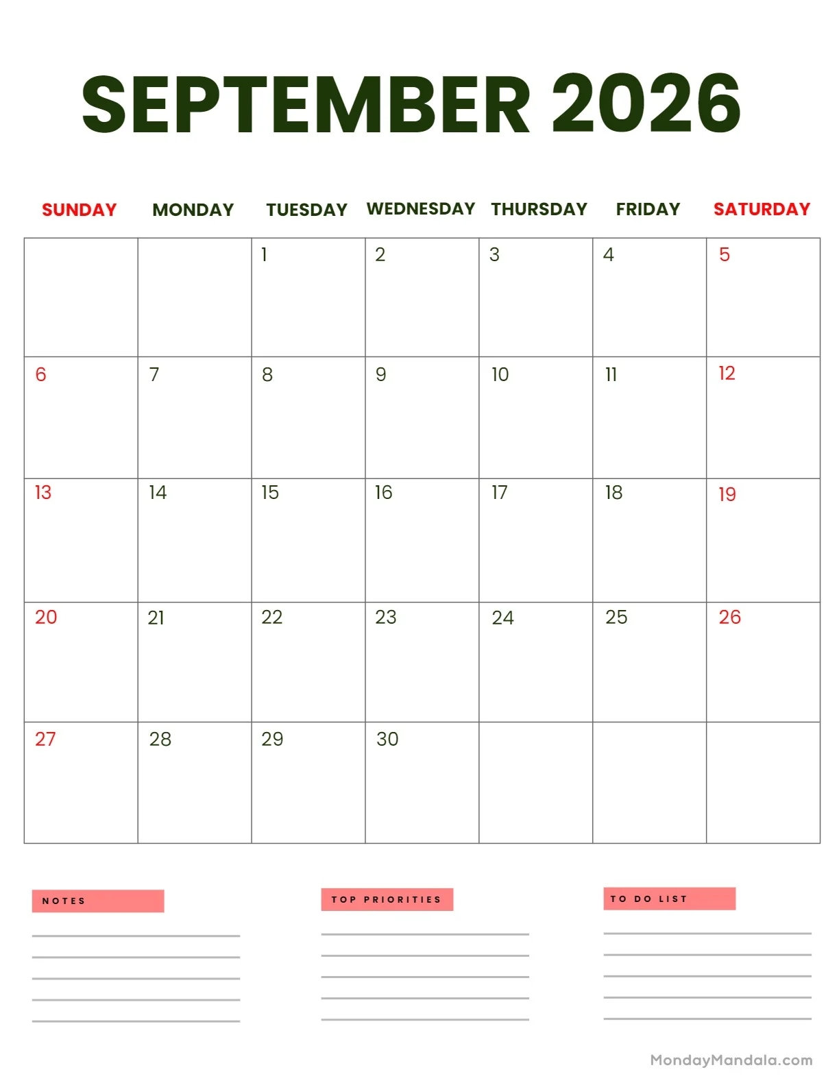 September 2026 Calendars 52 Free PDF Printables 