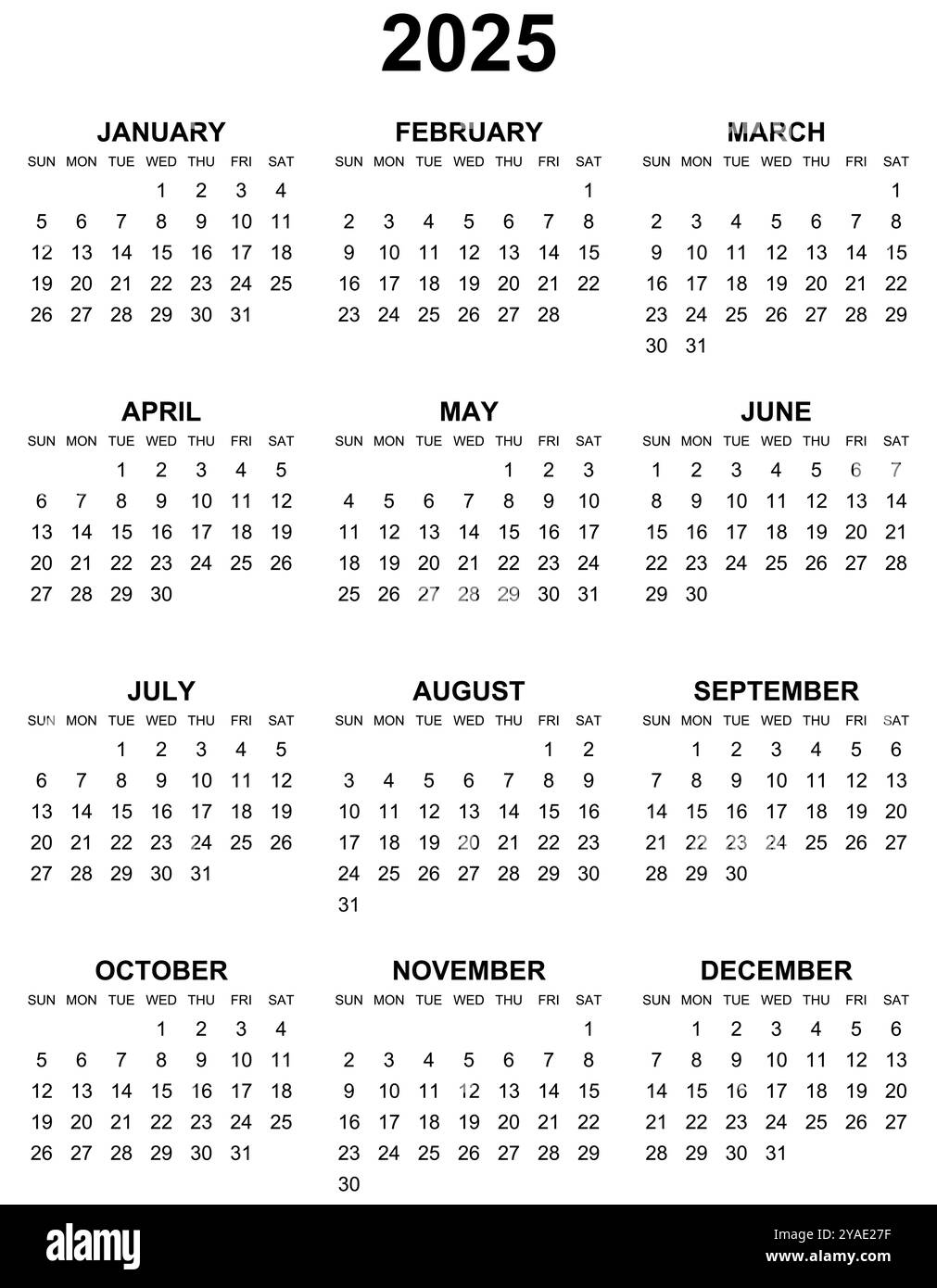 Simple 2025 Year Calendar Week Black And White Stock Photos Images Alamy