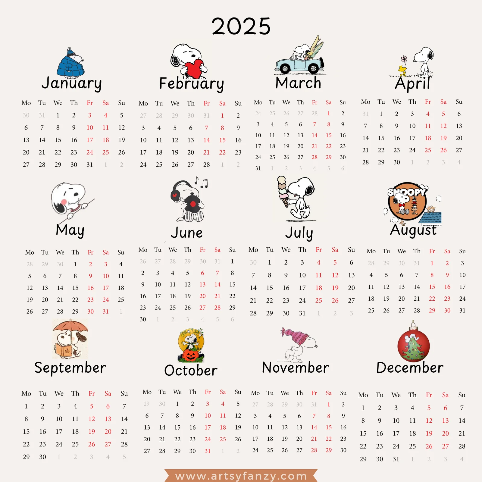 snoopy calendar 2025 printable artsy fanzy shop snoopy calendar 2025 printable artsy fanzy shop