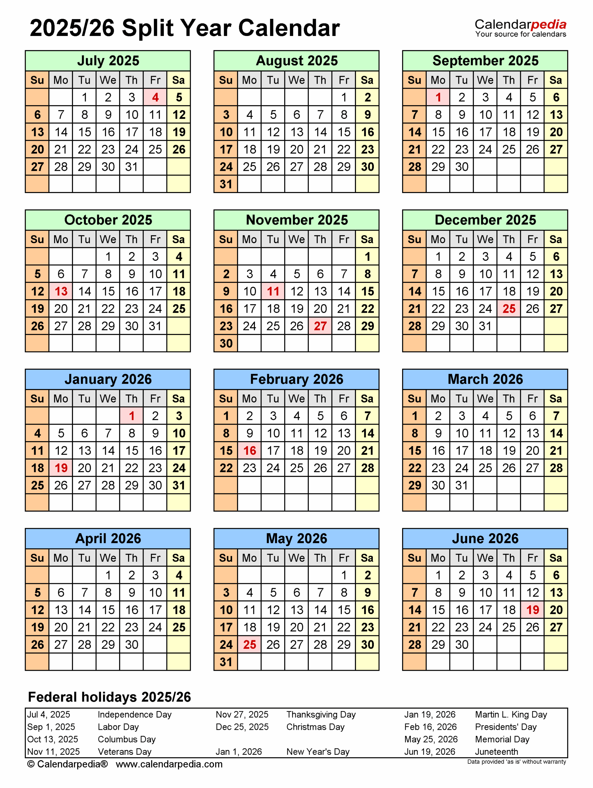 Split Year Calendars 2025 2026 July To June PDF Templates