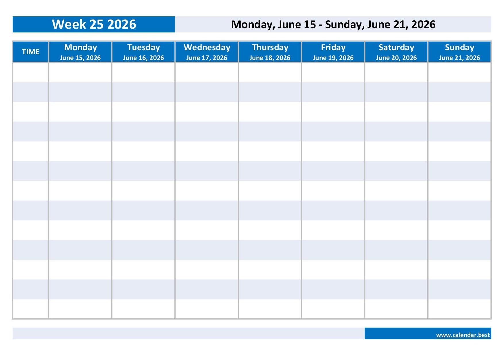 Week 25 2026 Dates Calendar And Weekly Schedule To Print