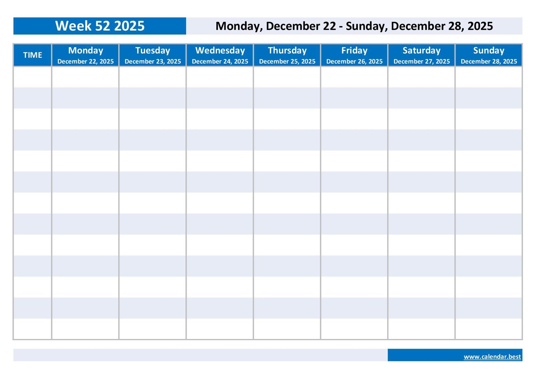 week 52 2025 dates calendar and weekly schedule to print